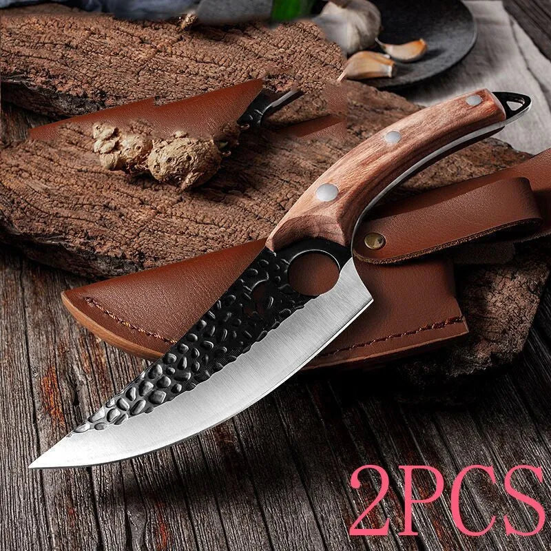 Forged 5CrMoV15 high carbon steel small scimitar boning knife with hammer pattern and black leather sheath