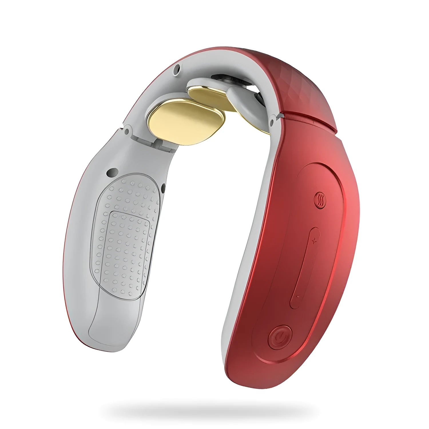 Small portable red and white intelligent cervical massager device on table.