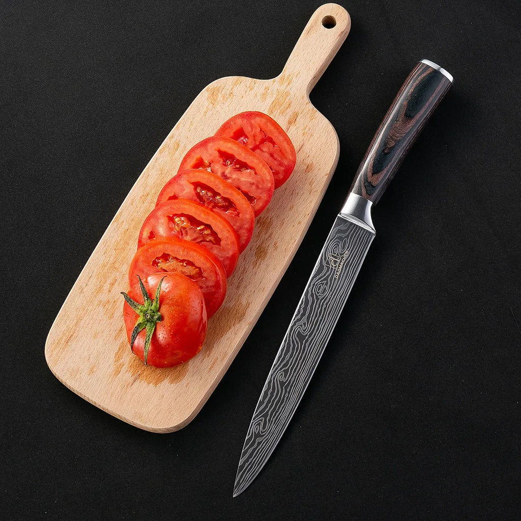 7CR17 stainless steel chef knife with laser Damascus pattern, 18cm blade and colour steel handle