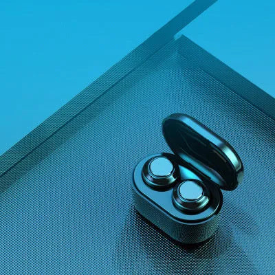 Black wireless stereo Bluetooth headset with earbud design showing Bluetooth 5.0 and NFC features