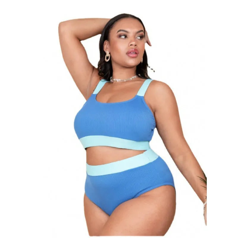 Women's solid colour polyester high-waisted bikini swimsuit with stitching detail