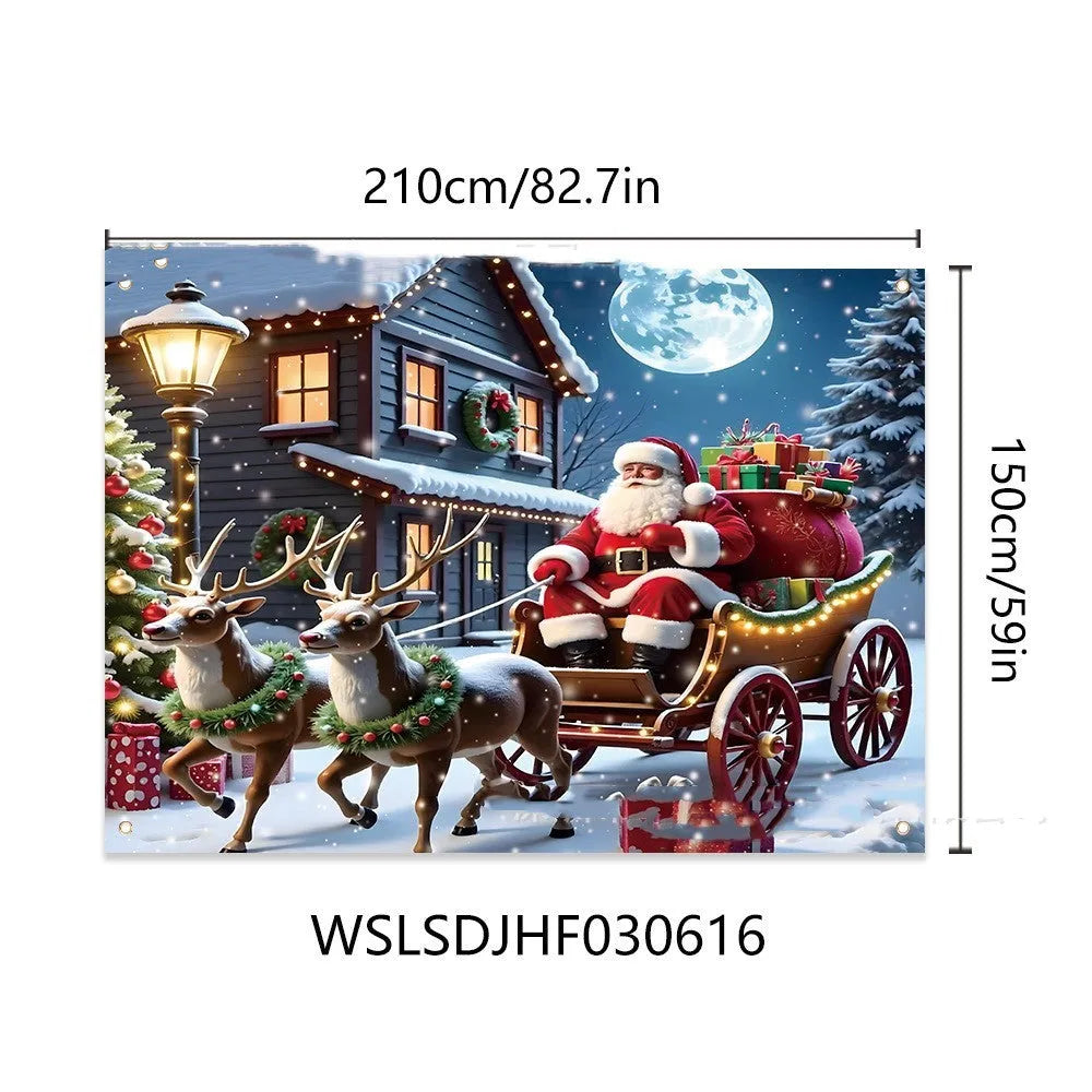 Santa Claus Christmas banner with gifts under night sky on polyester fabric 210x150cm