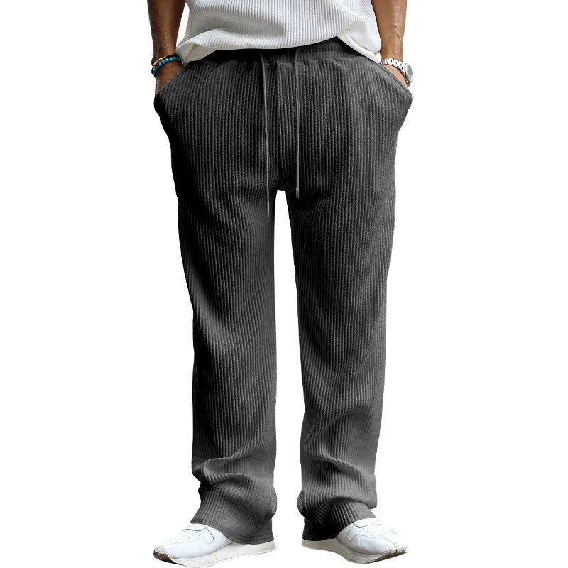 Men's casual high waist straight trousers in striped polyester with loose fit and elastic elements