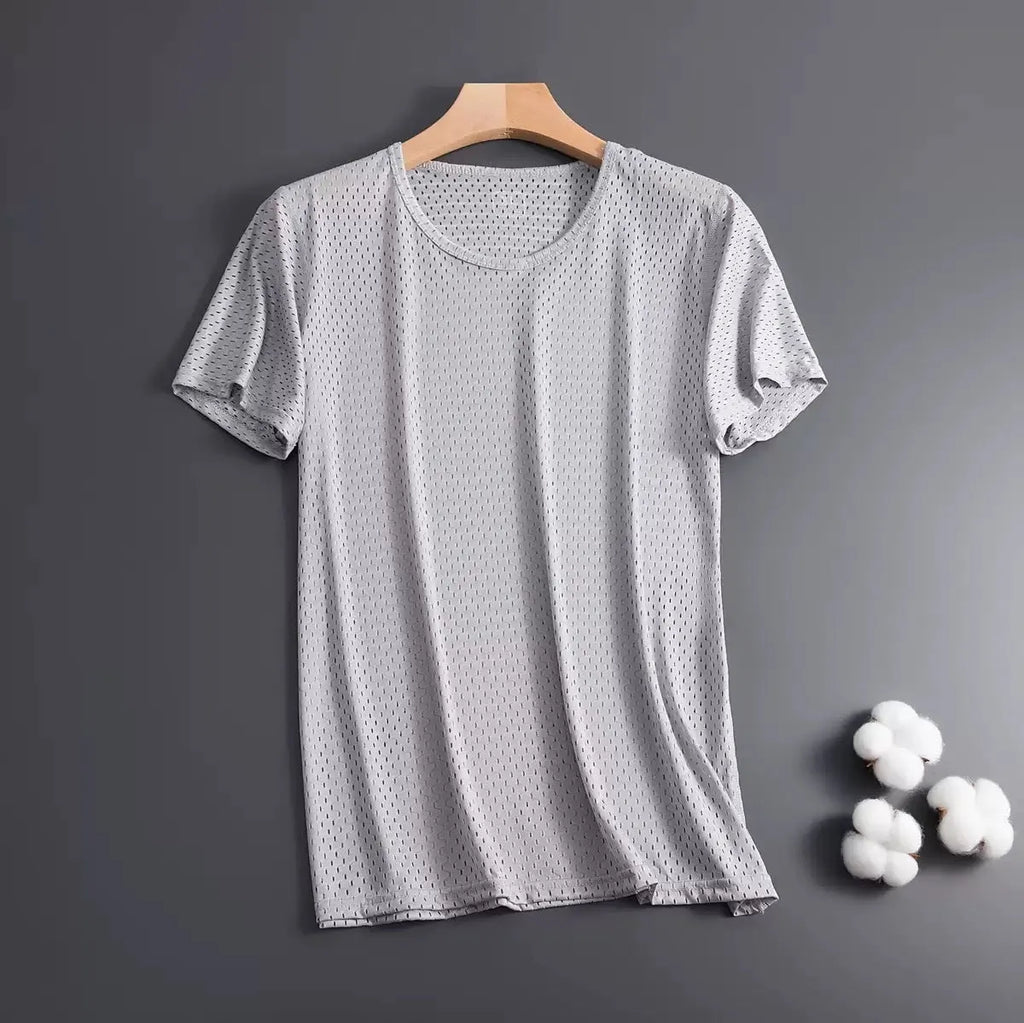 Men's ice silk short sleeve T-shirt in loose fit crew neck design showing mesh fabric texture