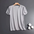Men's ice silk short sleeve T-shirt in loose fit crew neck design showing mesh fabric texture