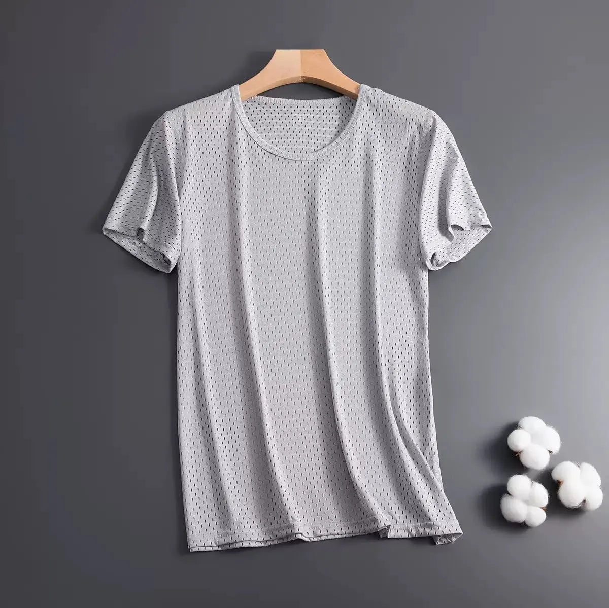 Men's ice silk short sleeve T-shirt in loose fit crew neck design showing mesh fabric texture