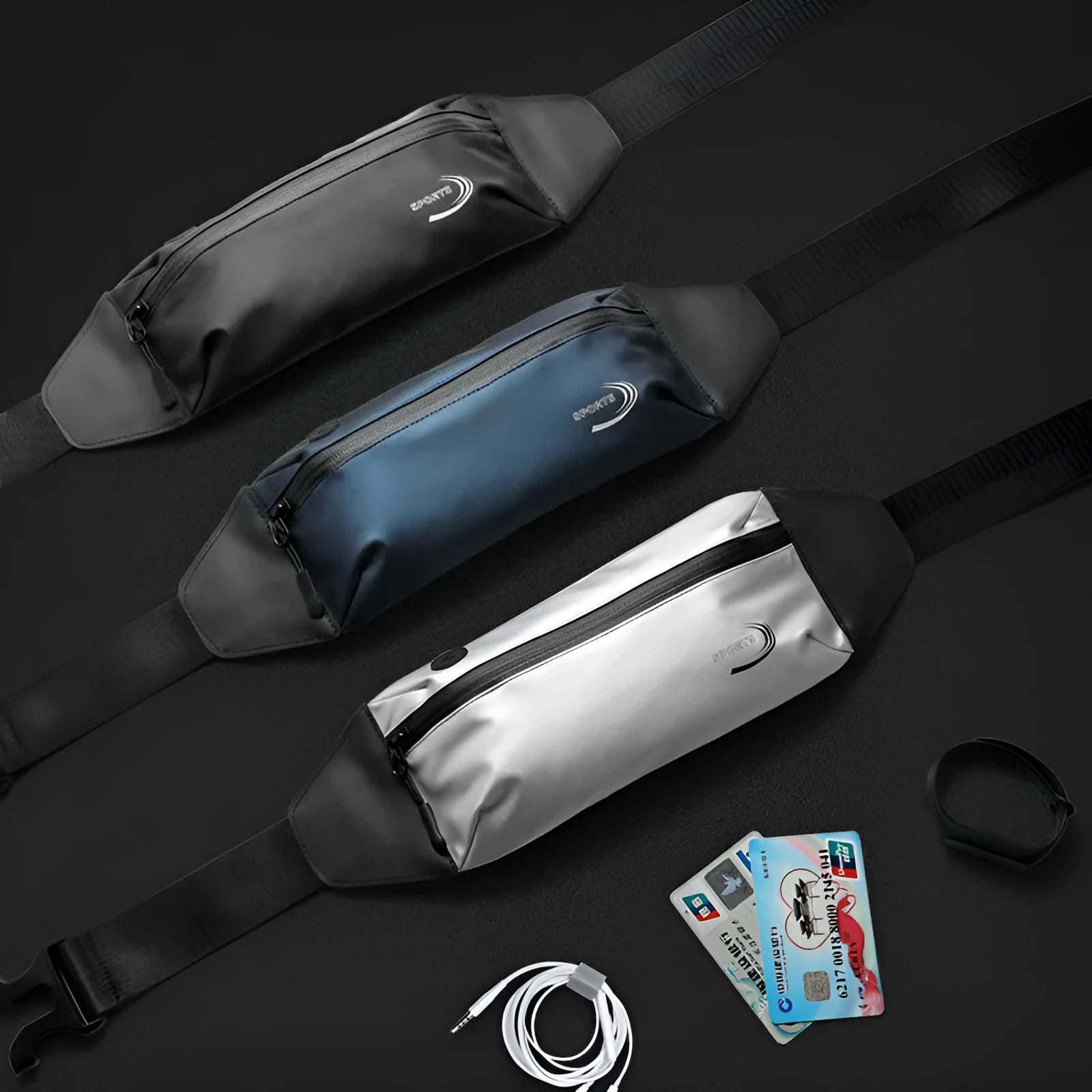 Men's black waterproof sports waist bag made from Derm Oxford polyester, shown from the side.