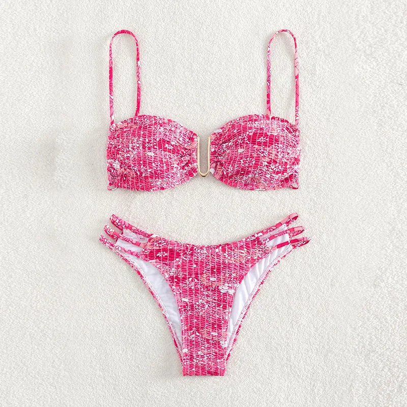 Women's floral high-waist bikini swimsuit in orange, blue, and rose red colours