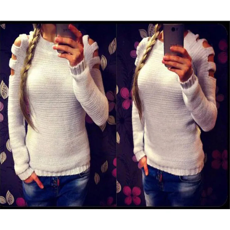 Women's grey crochet knit shirt with hollow-out detail on sleeves and body, round neck, long sleeves