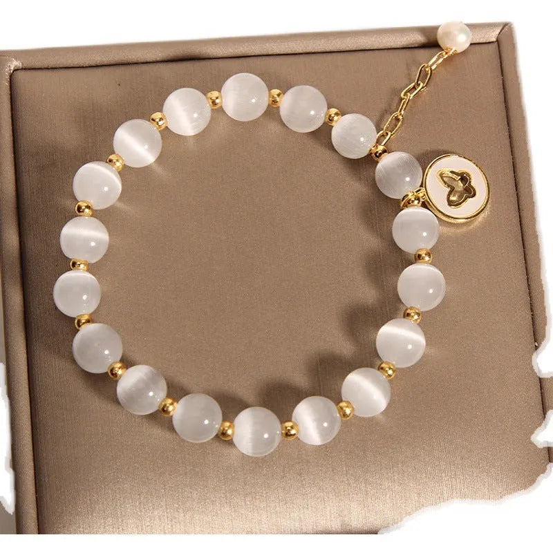 White cat's eye crystal bracelet with geometric beads, Korean-style design, manual finish