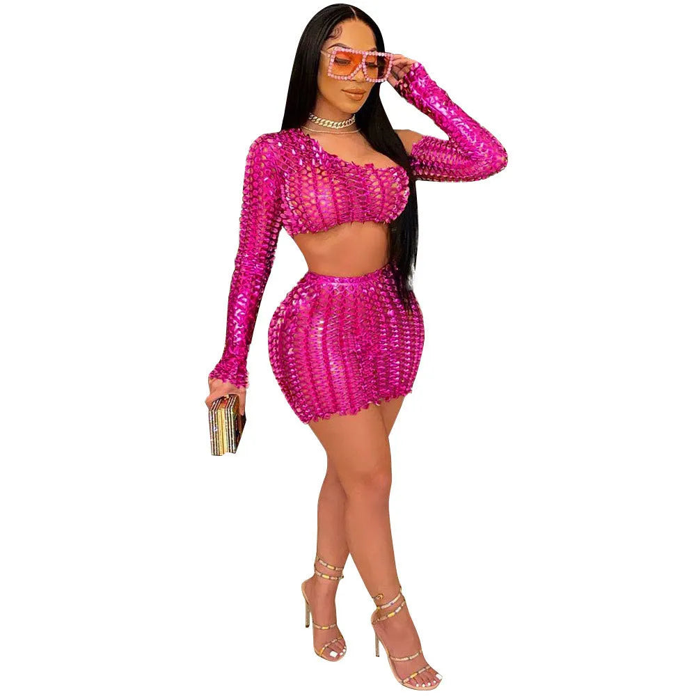Women's hollow-out net two-piece dress set with sleeveless top and short skirt