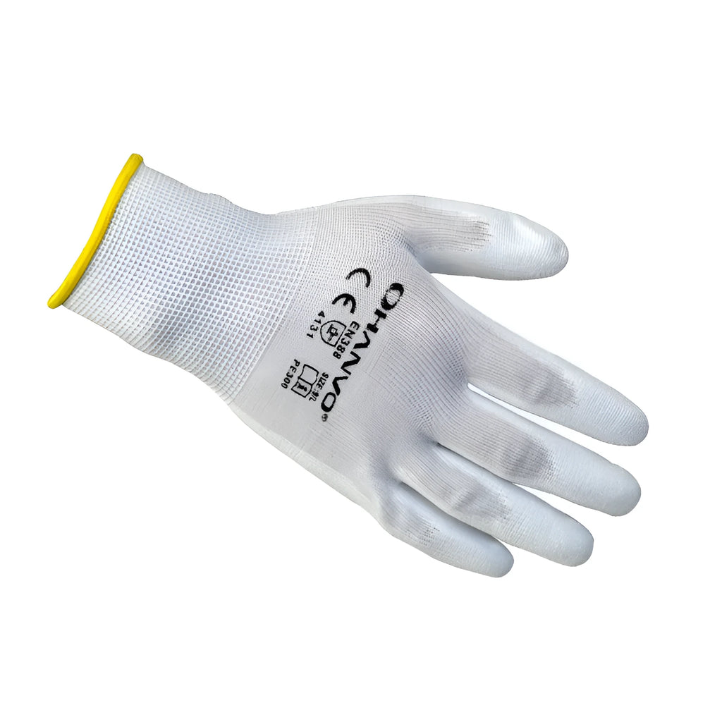 White PU coated labour gloves showing flexible palm and 24cm length, in sizes L and M.