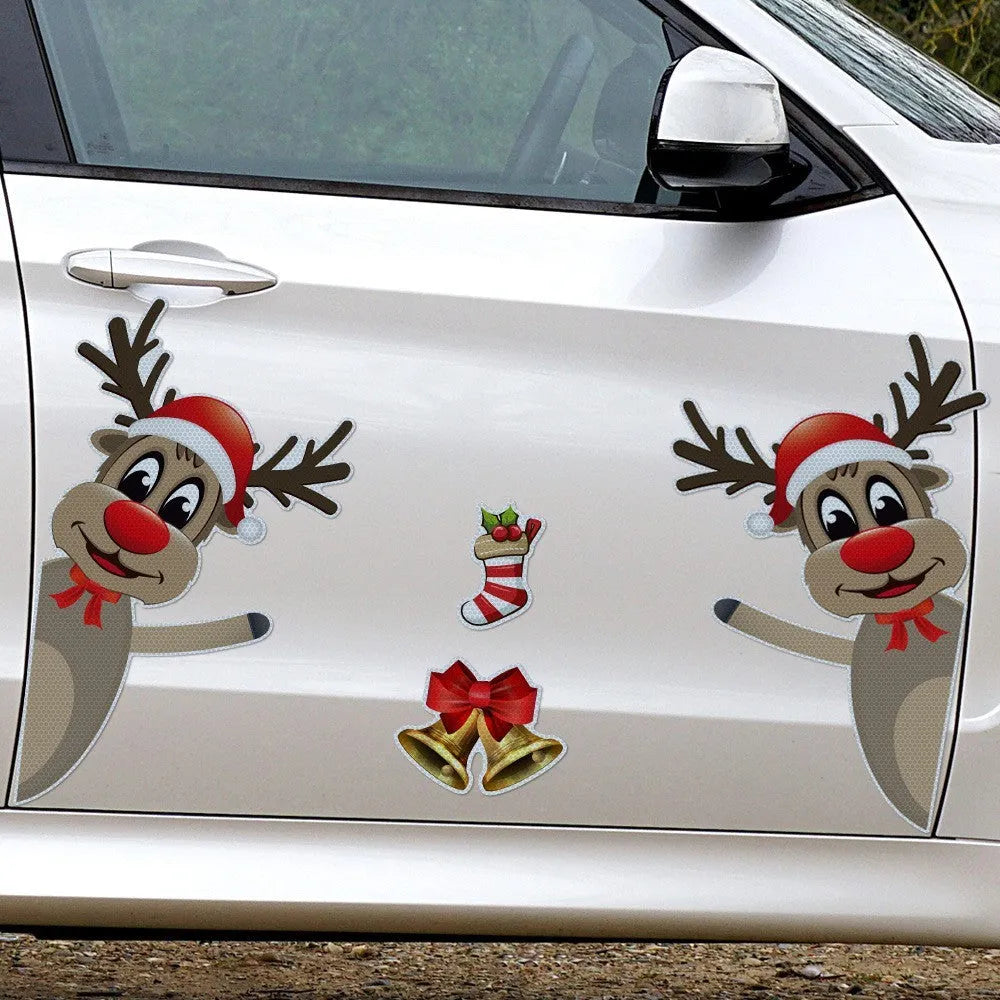Cartoon-style Christmas elk magnetic bumper sticker with luminous reflective finish.