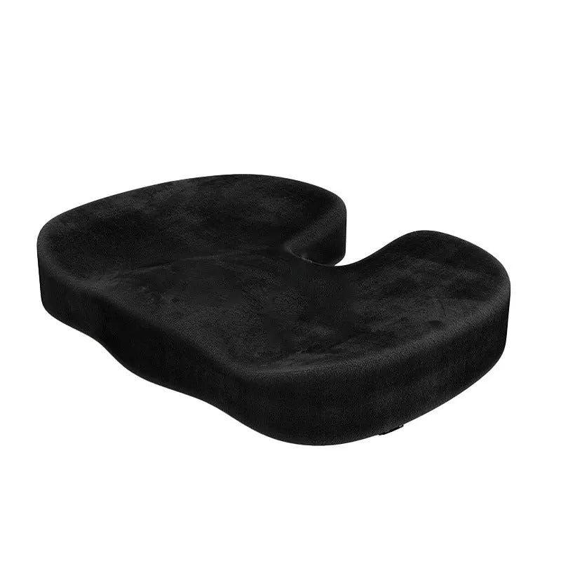Black flannel U-shaped memory foam seat cushion for office chairs, 46cm by 36cm.