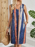 Women's casual V-neck sleeveless colour block vest dress with striped elements and midi length