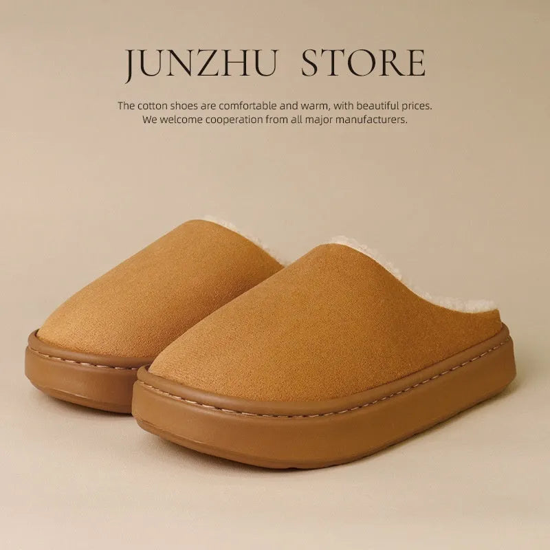Indoor anti-slip plush slippers with rubber sole and satin upper in beige colour, round toe design, available in multiple sizes.