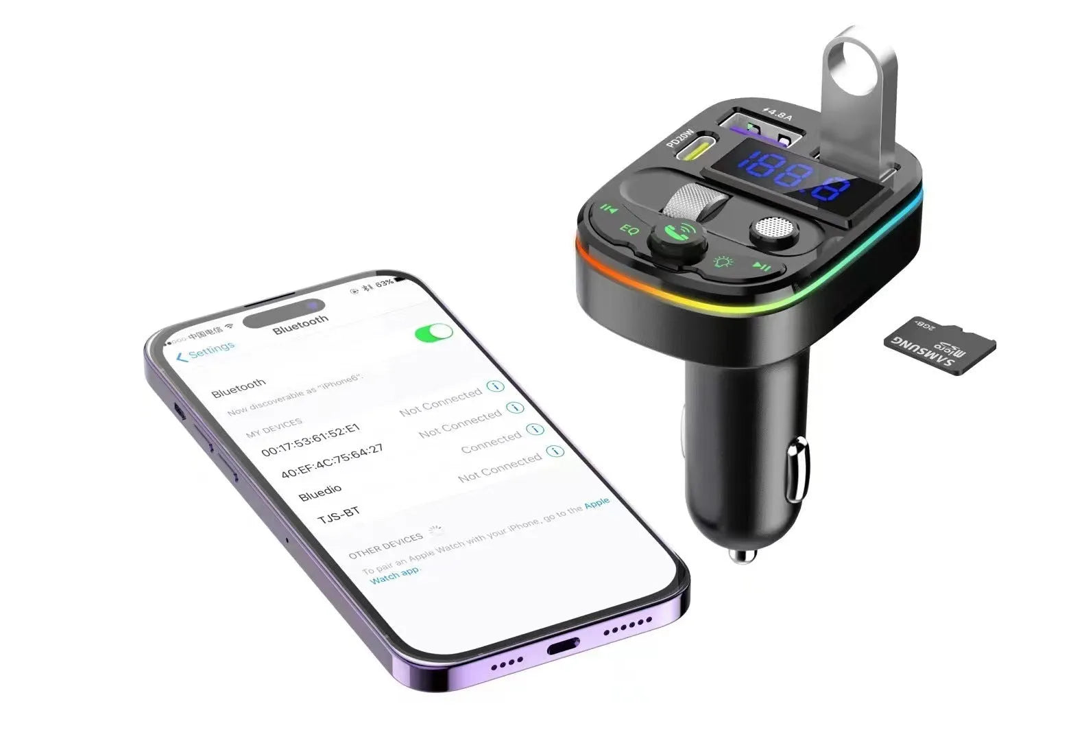 On board Bluetooth receiver with ABS shell, USB output, and voltage display for car audio