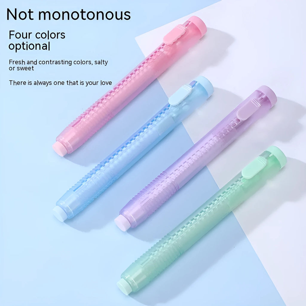 Push-type traceless automatic children's eraser in blue, green, pink, purple colours measuring 12x8cm