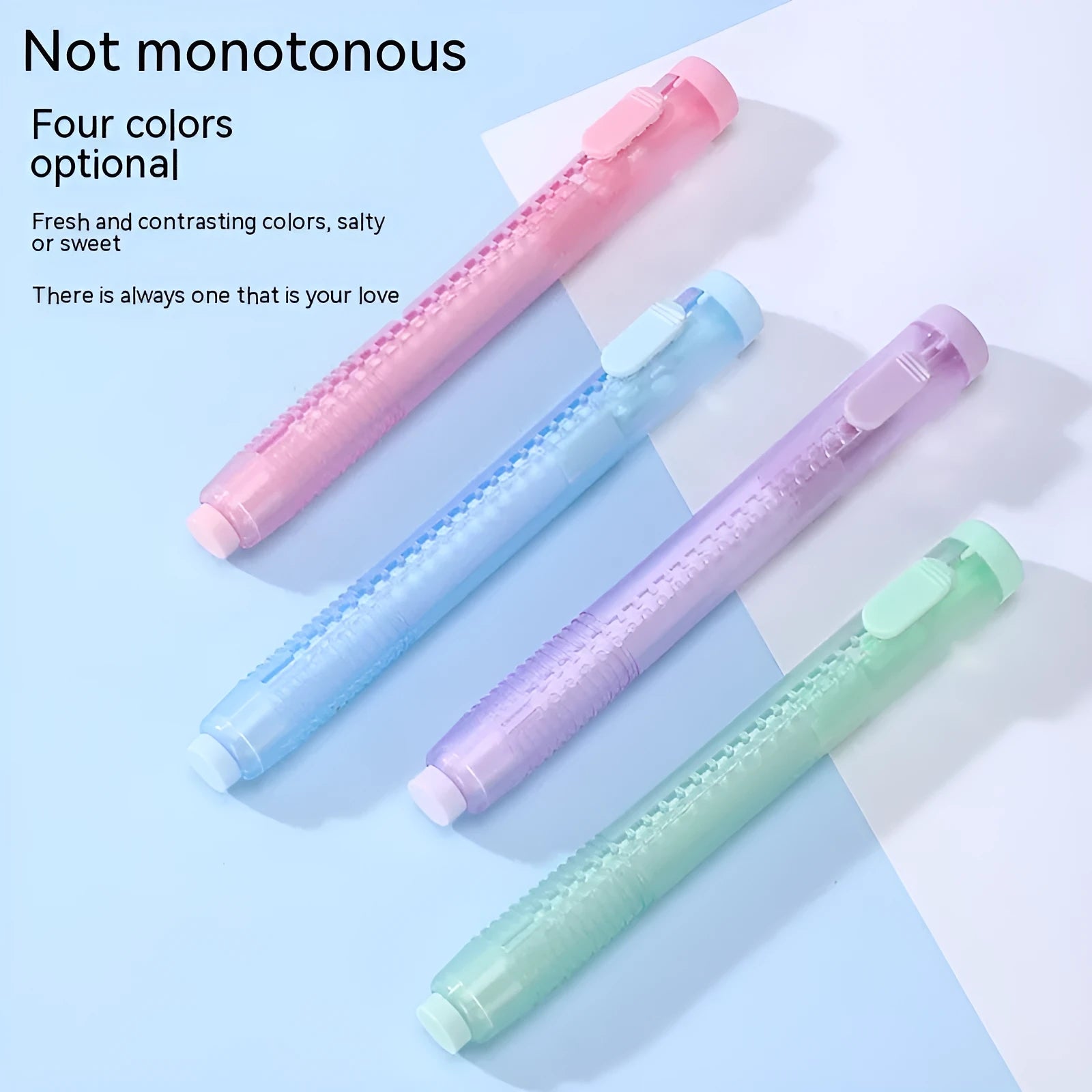 Push-type traceless automatic children's eraser in blue, green, pink, purple colours measuring 12x8cm
