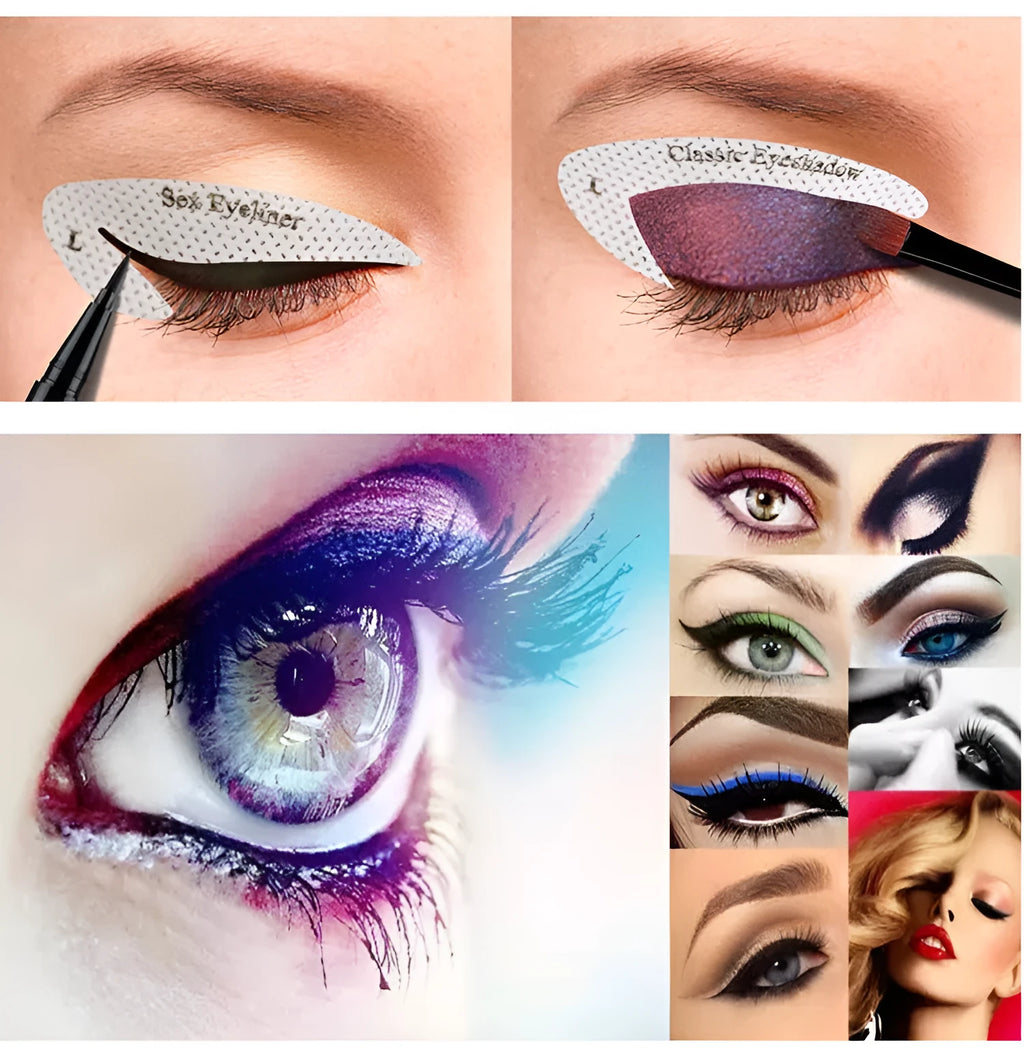 Four reusable eyeliner stencil templates for makeup application including wing and cat-eye designs