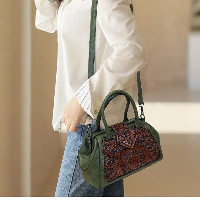 Handmade carved one-shoulder PU women's bag in beige with pillow shape and sandwich pocket
