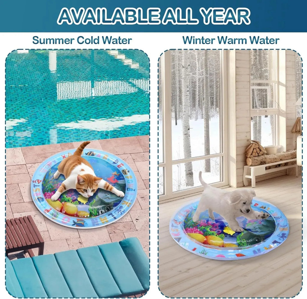 Thickened PVC water sensory play mat for pets with ocean fish design and floating toys.