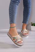 Beige women's platform sandals with bow detail and round cloth upper toe