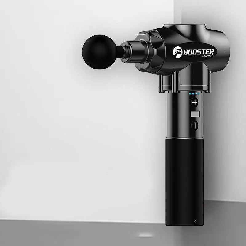 Black handheld muscle massage gun with adjustable speed settings on white background