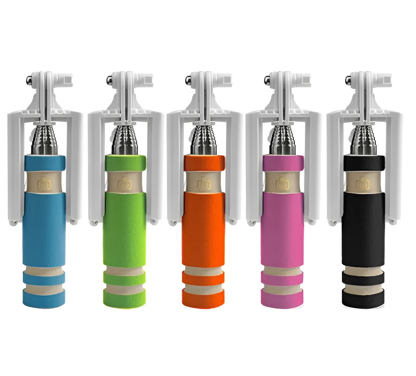 Cell phone folding selfie stick in black plastic, collapsed for storage
