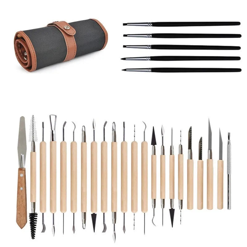 27-piece pottery clay tools set with wood, stainless steel and plastic tools in OPP bag