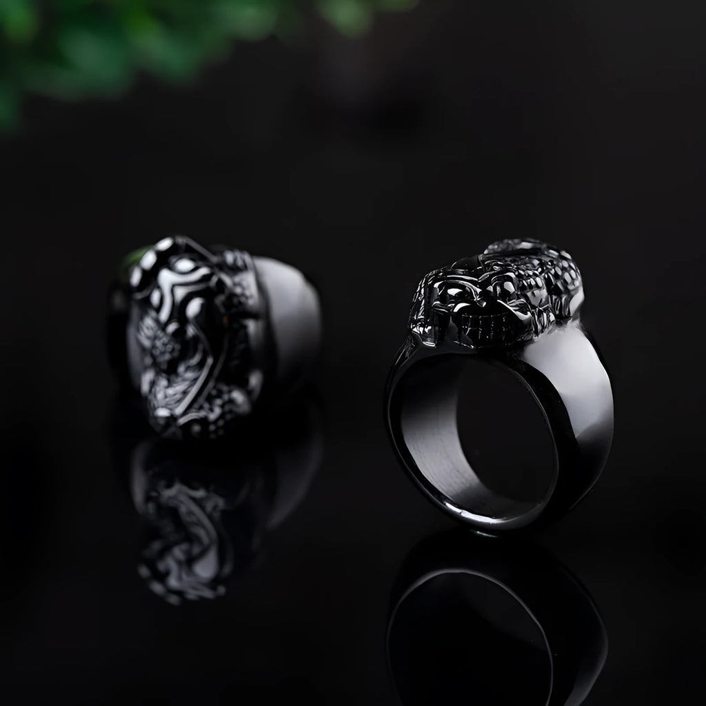 Natural gold sheen obsidian pixiu men's thumb ring in alloy, sizes 19-21