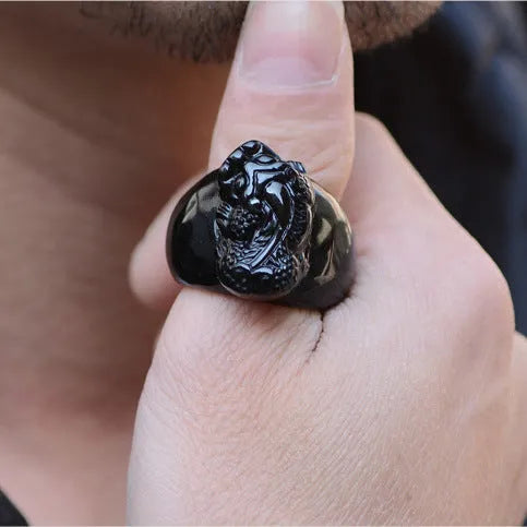Natural gold sheen obsidian pixiu men's thumb ring in alloy, sizes 19-21