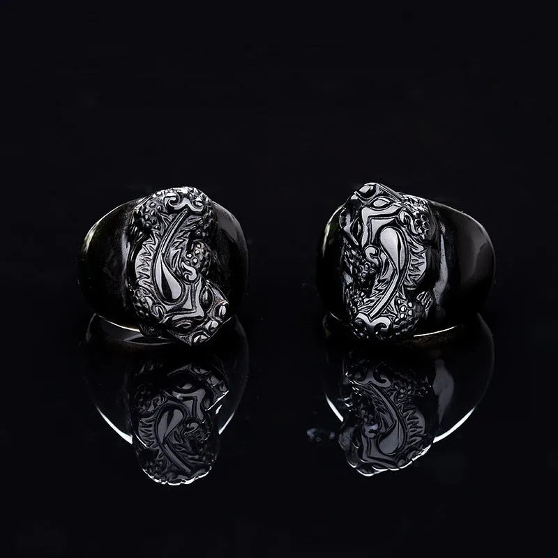 Natural gold sheen obsidian pixiu men's thumb ring in alloy, sizes 19-21
