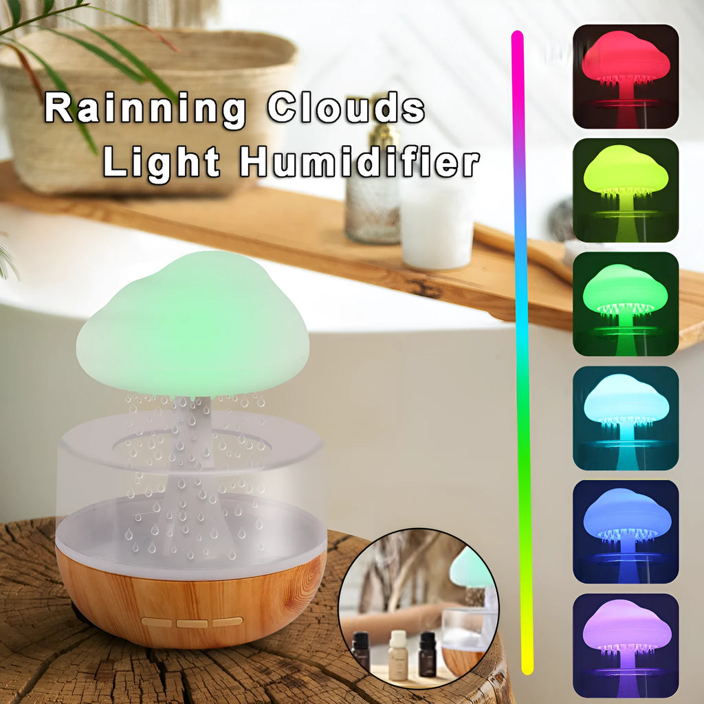 White Raining Cloud humidifier with 7-colour night light and 400ml water tank on a table