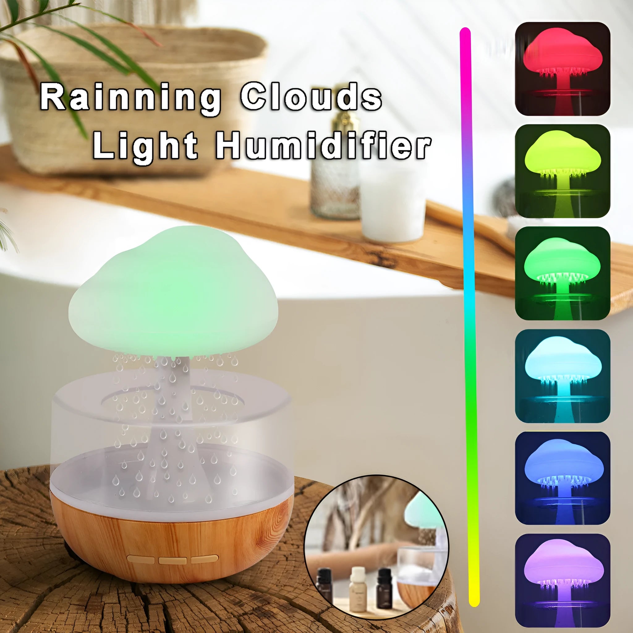 White Raining Cloud humidifier with 7-colour night light and 400ml water tank on a table