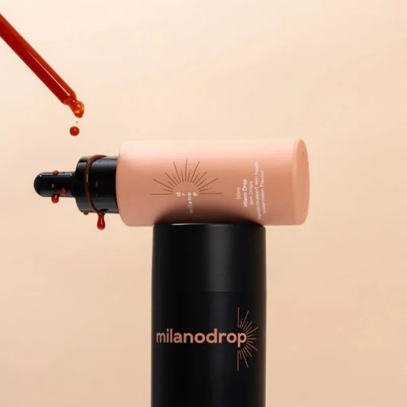 Matte sun tanning liquid set showing 50ml drops bottle and 75ml cream tube with black essence formula
