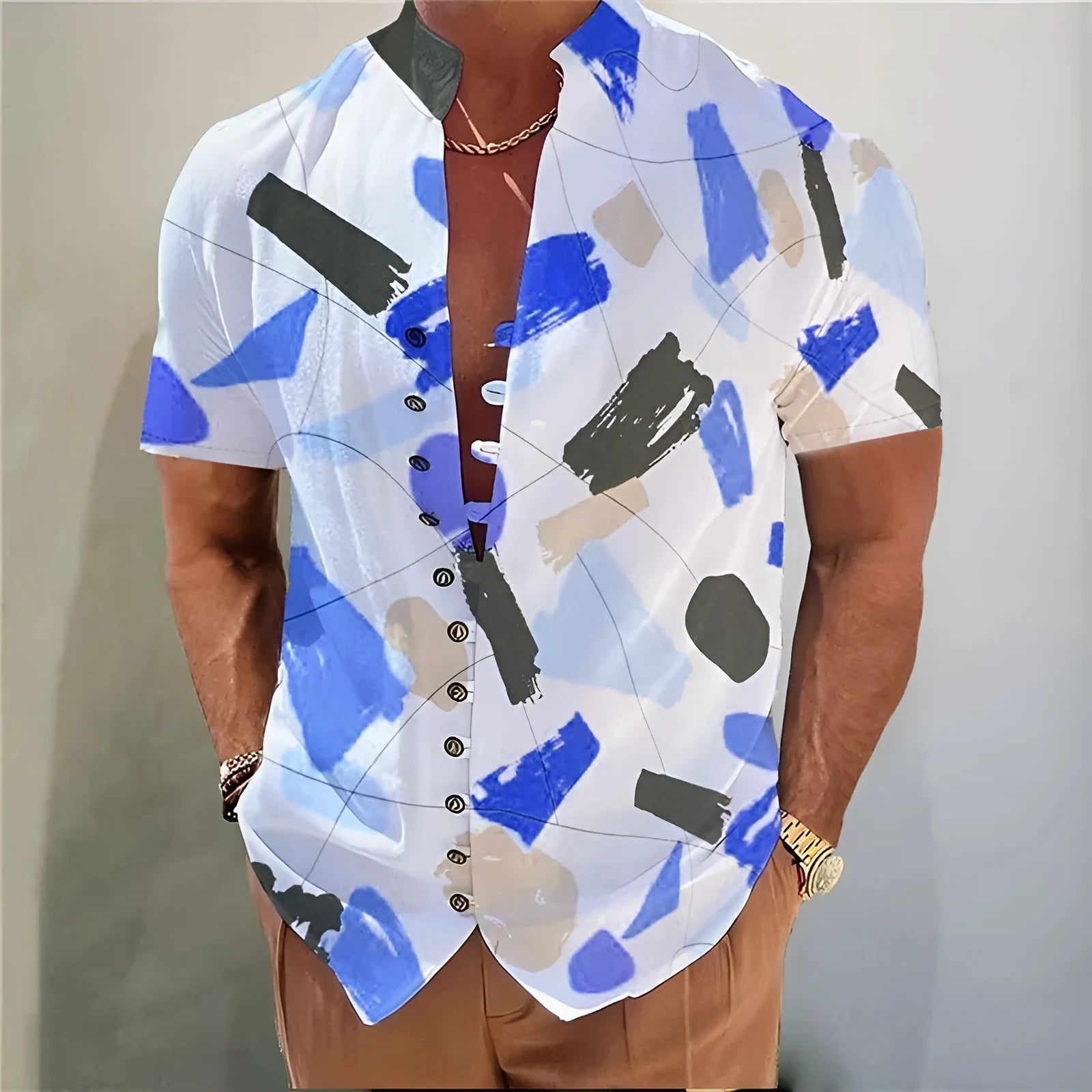 Geometric 3D printed short sleeve casual floral shirt in polyester blend, regular fit cardigan style, front view
