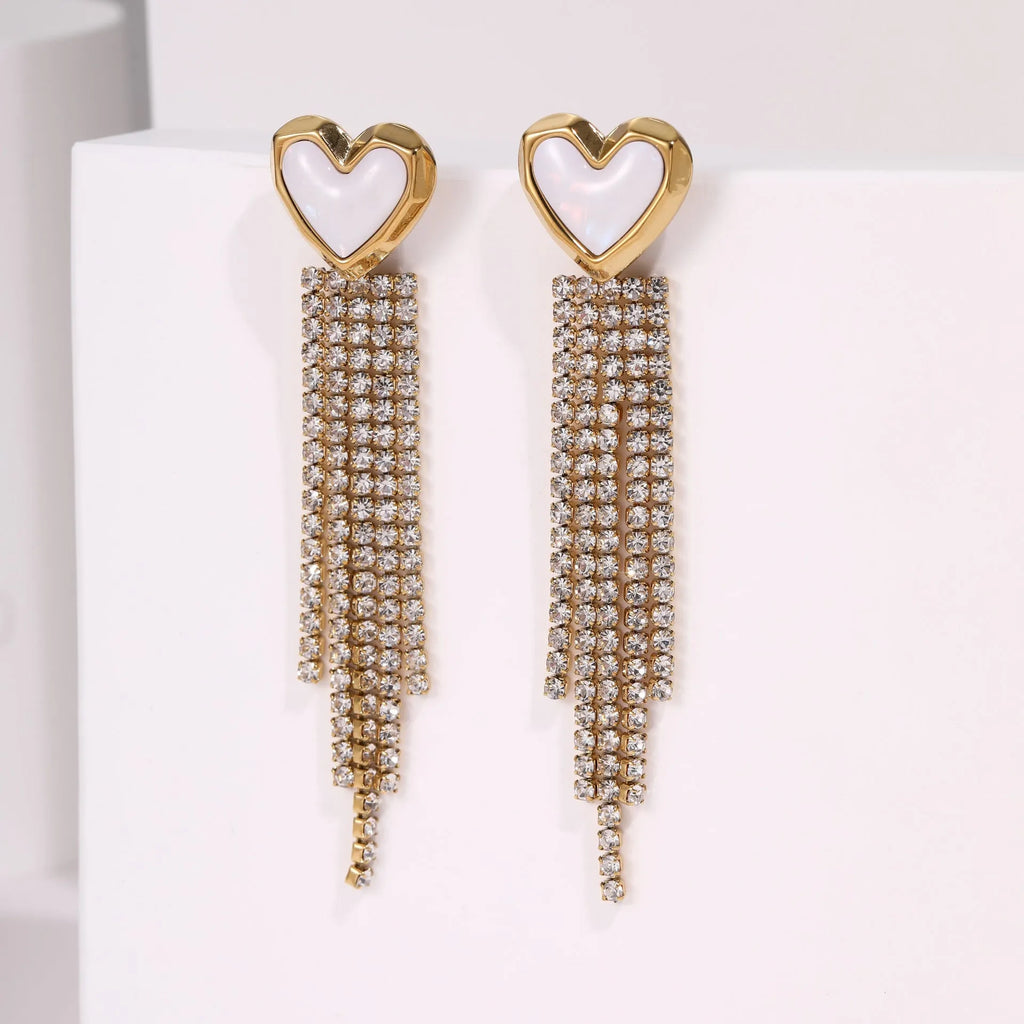 Stainless steel earrings with diamond tassel design in heart or star shapes with electroplated 18K gold finish