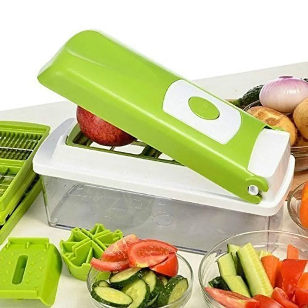 12-piece green hand operated vegetable chopper set with multiple graters and blades on a white background