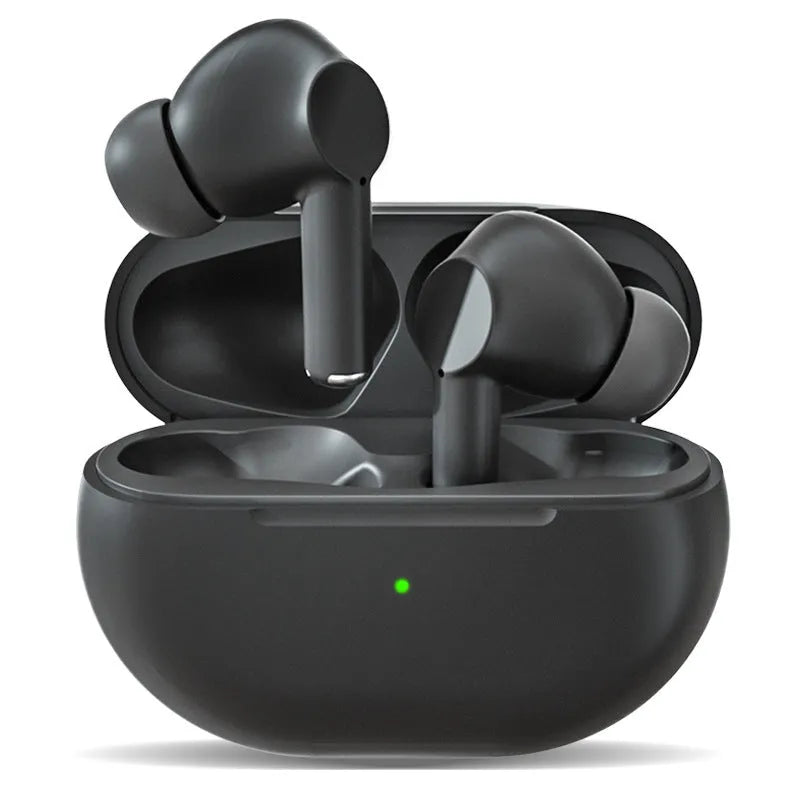 Pro4 black and white Bluetooth 5.0 earbuds with charging case on a white background.