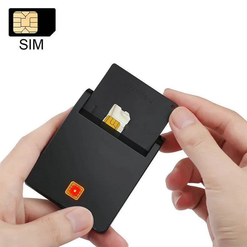 Black USB smart card reader for ID, SIM, CAC, and bank cards with ABS casing