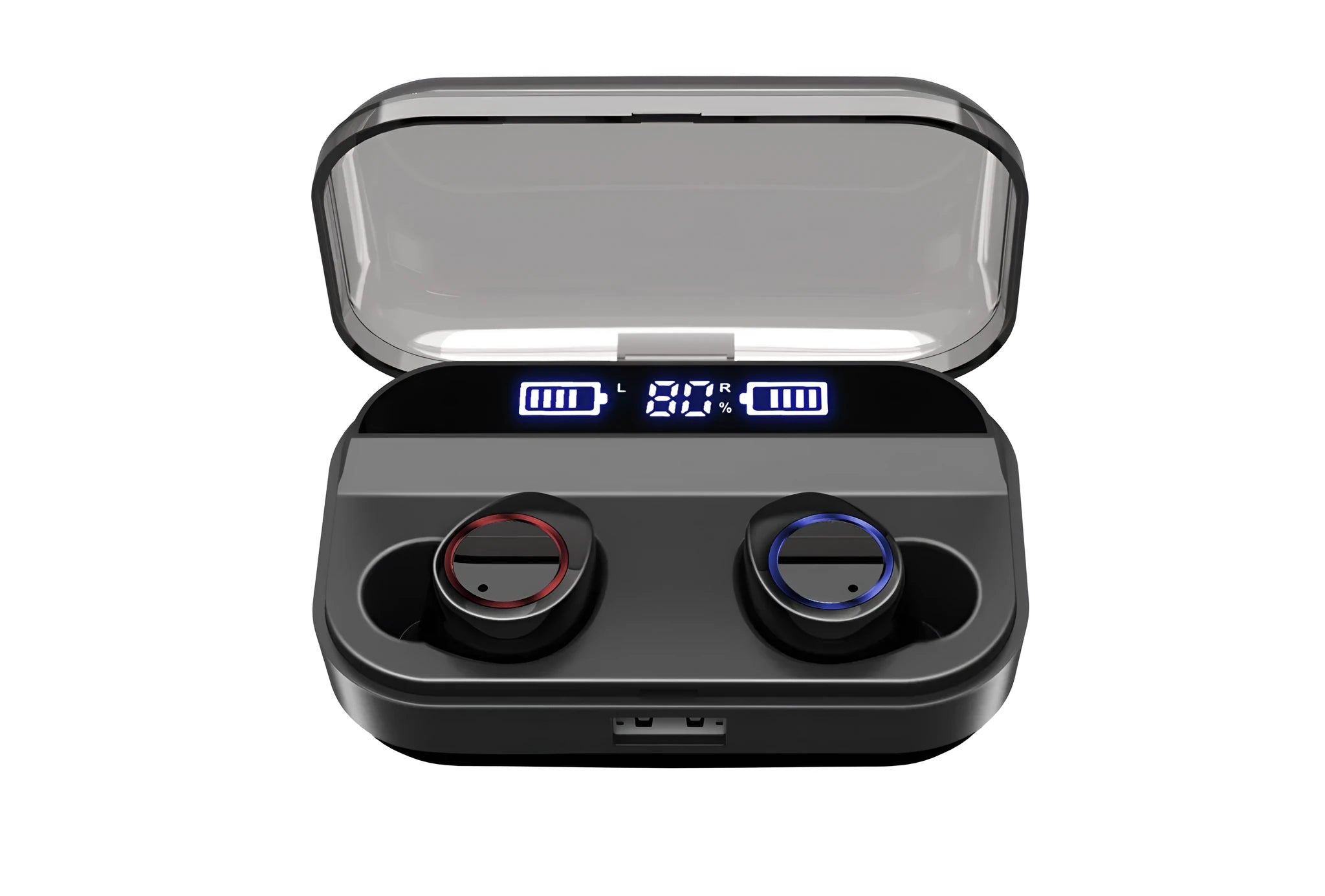 X11 Bluetooth wireless earbuds in black with charging case and multiple ear tip sizes