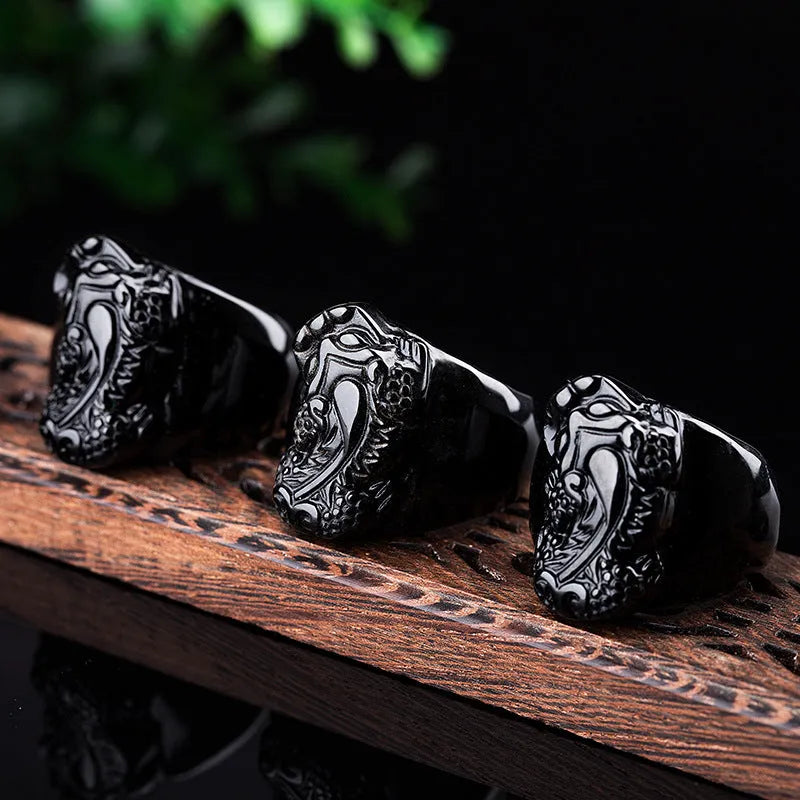 Natural gold sheen obsidian pixiu men's thumb ring in alloy, sizes 19-21