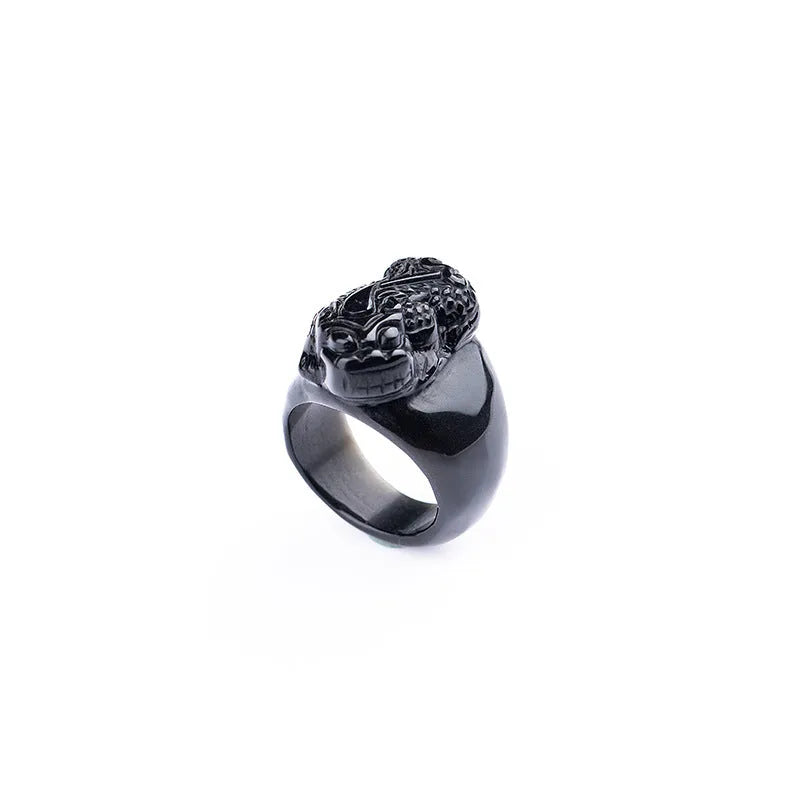 Natural gold sheen obsidian pixiu men's thumb ring in alloy, sizes 19-21