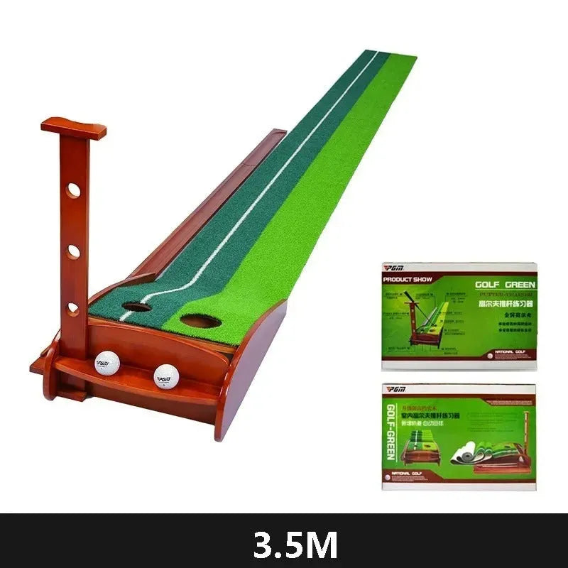 Indoor golf putter practitioner on solid wood base with dual colour raceway and automatic ball return in 3 metre length