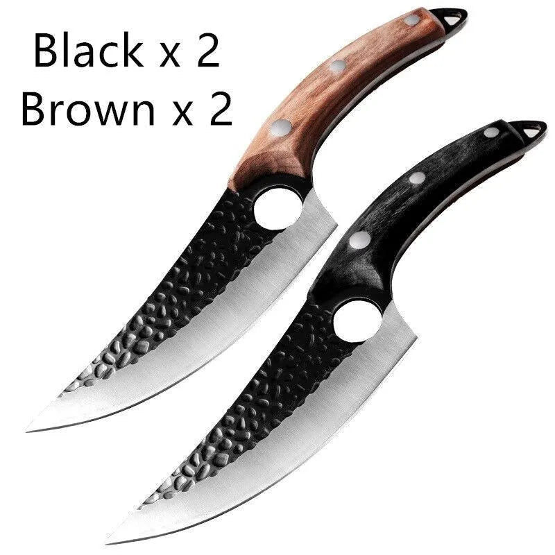 Forged 5CrMoV15 high carbon steel small scimitar boning knife with hammer pattern and black leather sheath