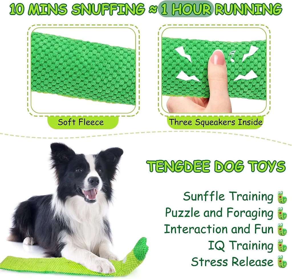 Transformable squeaky dog snuffle toy shown in snail and stick shapes for foraging games.