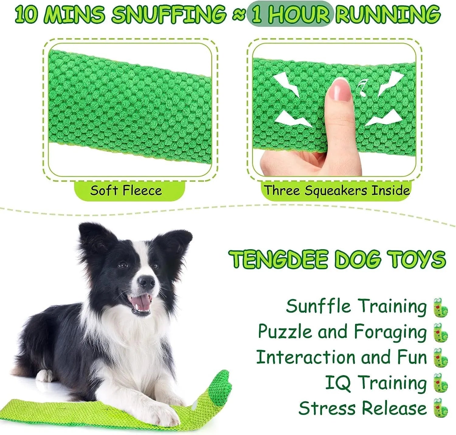 Transformable squeaky dog snuffle toy shown in snail and stick shapes for foraging games.
