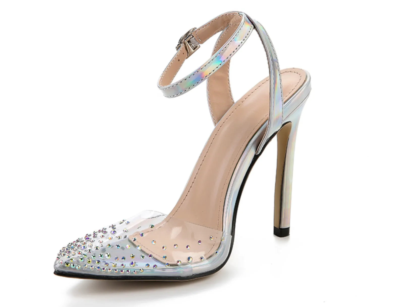 Women's pointed toe diamond sandals with a stiletto heel and PVC upper.