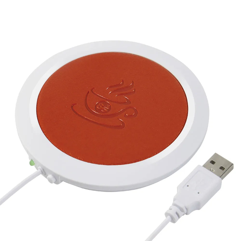 Black USB-powered insulated heating coaster with PU artificial leather surface for desk use